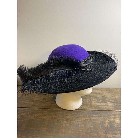 VTG Mr. Charles Michael Howard Women's Hat Feather Blk Purple Felted Wool 21.5” - Picture 4 of 8